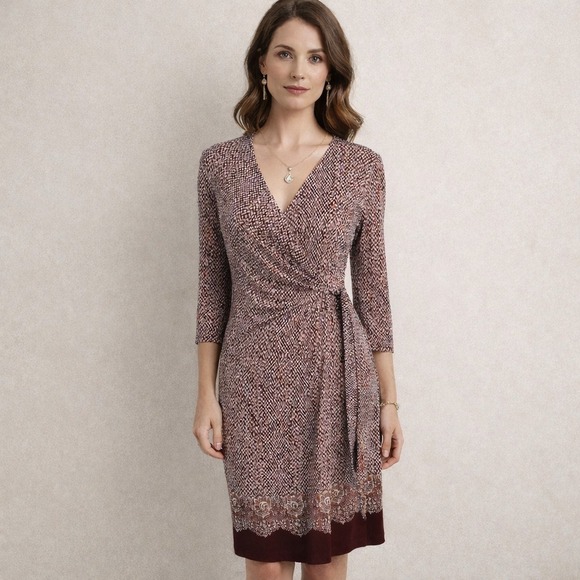 Gilli Dresses & Skirts - GILLI Women Wrap Dress Burgundy White Print 3/4 Sleeve V Neck Knee Length Size S